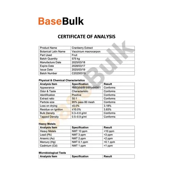 Cranberry extract 50:1 red purple fine powder specification sheet