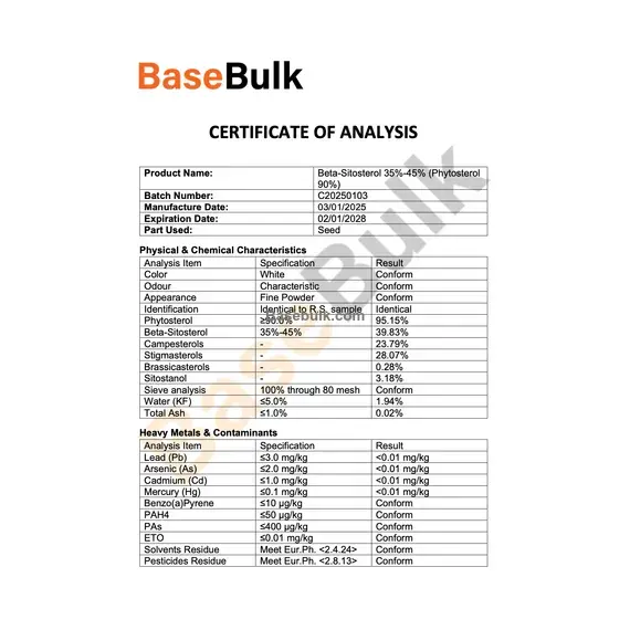 Beta-Sitosterol 35%-45% phytosterol 90% fine powder specification image