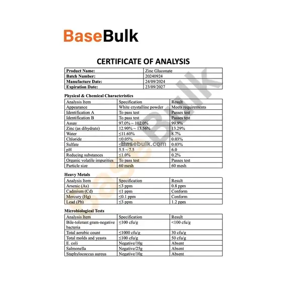 Zinc Gluconate RM0000085 specification sheet with analysis results