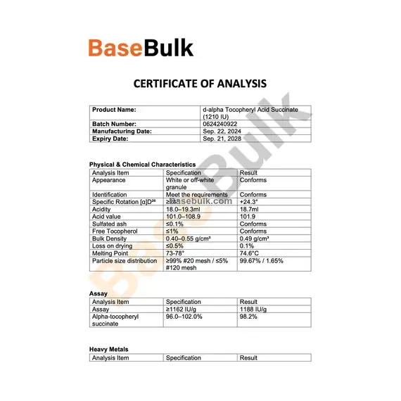 D-α-Tocopherol succinate specification sheet with physical and assay analysis
