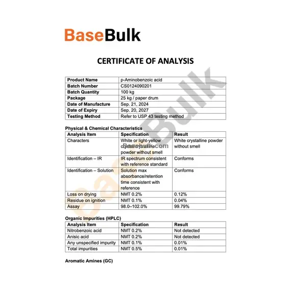 P-Aminobenzoic acid (PABA) physical and chemical specification sheet