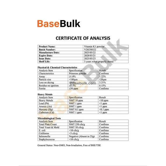Scheda di analisi delle specifiche di Vitamina K1 (Phytonadione 5%), RM0000099