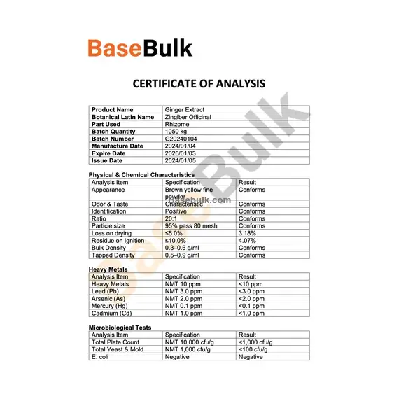 Ginger Root Extract 20:1 brown yellow fine powder specification sheet