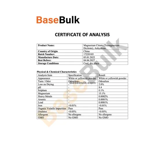 Magnesium Citrate Anhydrous specification sheet showing physical and chemical characteristics
