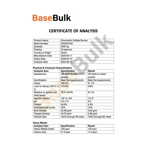 Chondroitin Sulfate 90% (Bovine) specification sheet RM0000105
