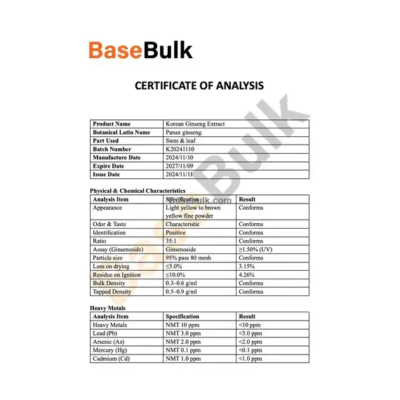 Korean Ginseng root Extract 35:1 specification sheet, RM0000106