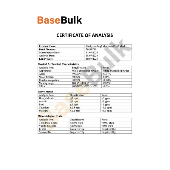 Methyl Sulfonyl Methane 40-80 mesh specification sheet RM0000108