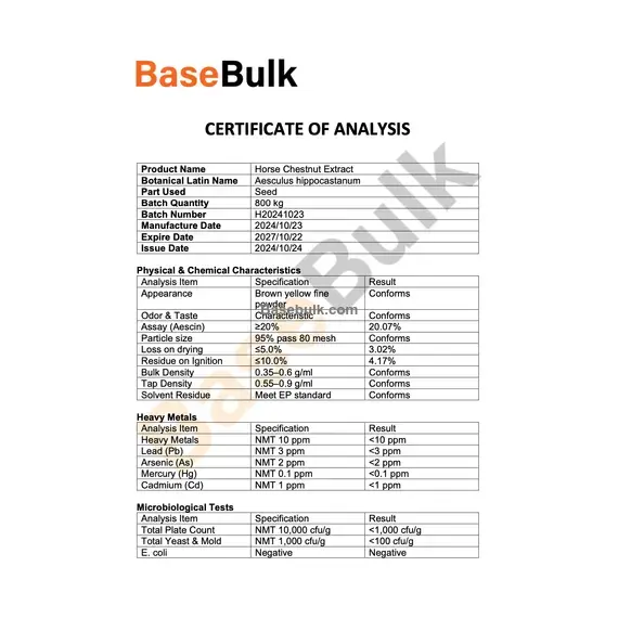 Horse Chestnut Seed Extract 20% Aescin specification sheet RM0000112