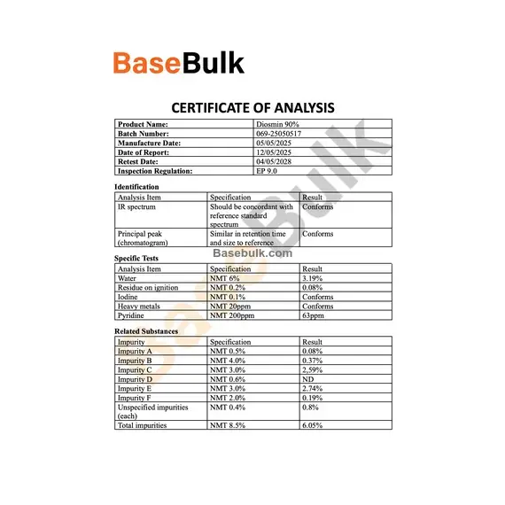 Diosmine specification analysis sheet with identification, impurities, assay, and microbiological results
