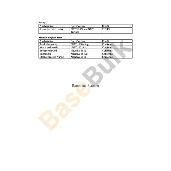 Diosmine specification sheet with identification, impurities, assay, and microbiological test results