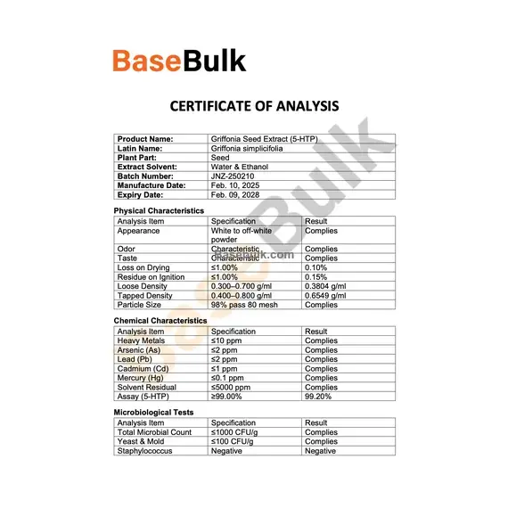 Griffonia Seeds Extract 5-HTP white to off-white powder specification