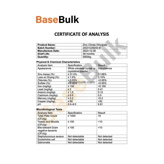 Zinc Citrate Dihydrate (2H2O) specification and analysis sheet RM0000121