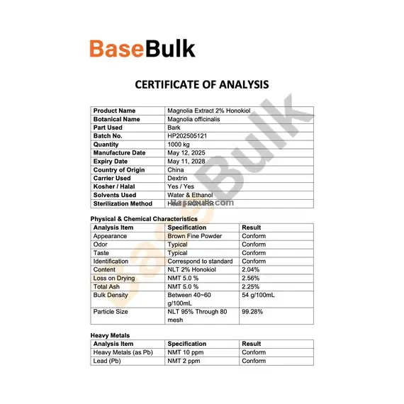 Magnolia Bark Extract 2% Honokiol brown fine powder specification sheet