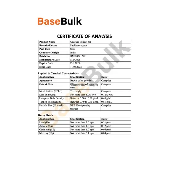 Guarana Extract 4:1 physical and chemical characteristics specification sheet