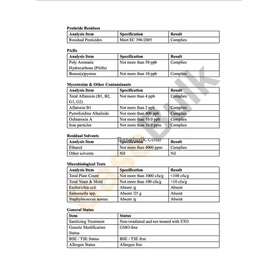 Guarana Extract 4:1 physical and chemical characteristics specification
