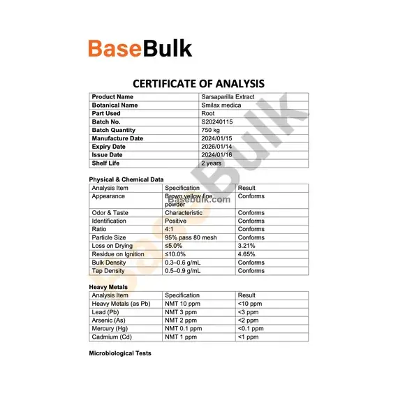 Sarsaparilla Root Extract 4:1 specification sheet for RM0000132