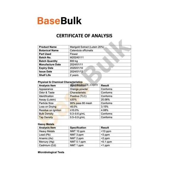 Marigold extract lutein 20% UV specification sheet RM0000134