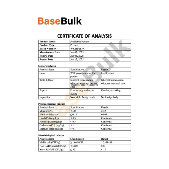 Probiotics Complex LBE 100Billion sensory and microbiological specification sheet