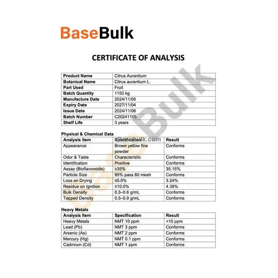 Citrus Aurantium Extract 35% citrus bioflavonoids specification sheet RM0000139