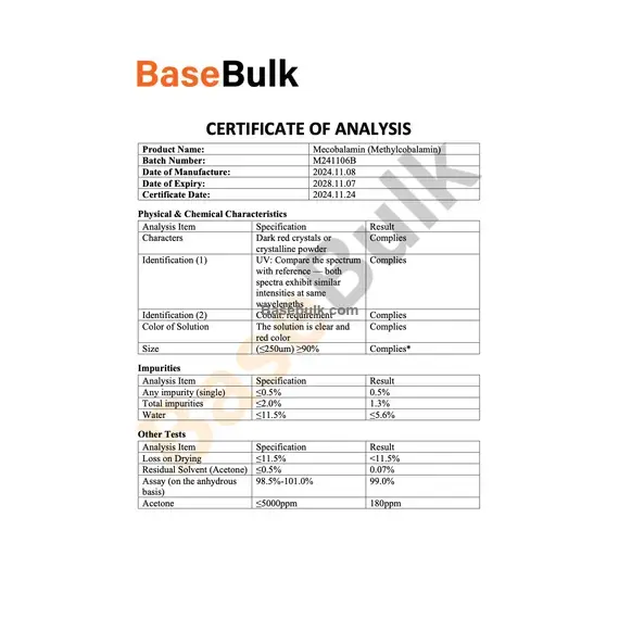 Vitamin B12 (Methylcobalamin) physical and chemical characteristics specification sheet