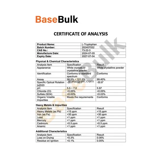 L-Tryptophan specification sheet showing white crystalline powder assay and impurity results