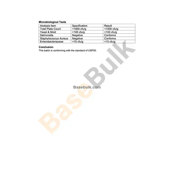 L-Tryptophan USP30 specification sheet with physical, chemical, and microbiological analysis