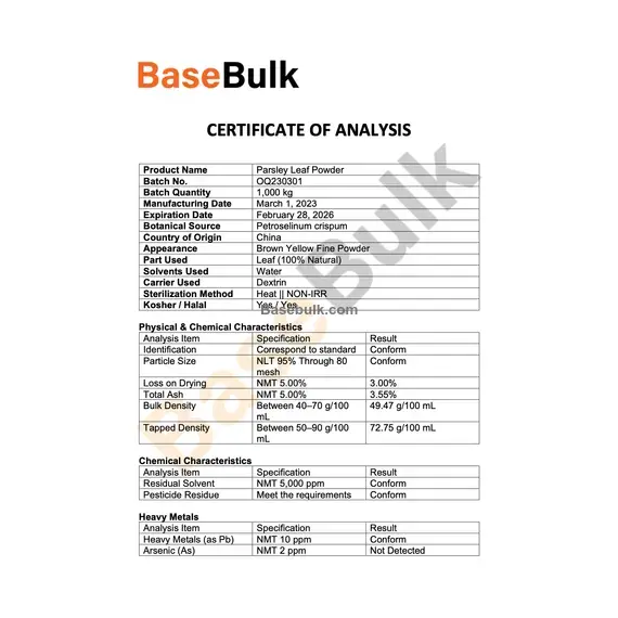 Parsley Powder physical and chemical specification sheet