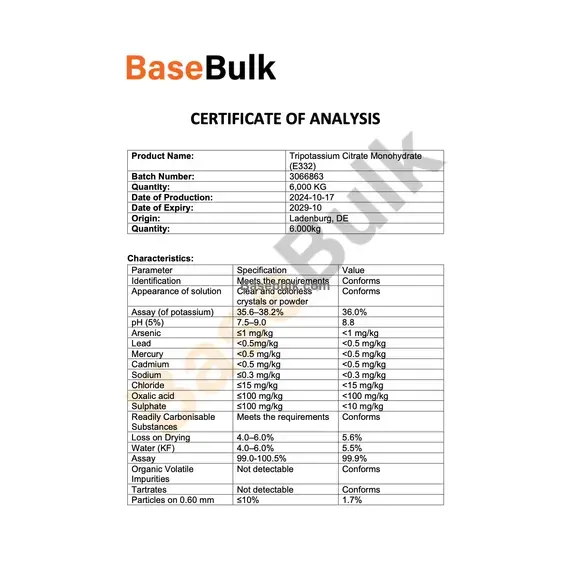 Tripotassium Citrate Monohydrate specification sheet, RM0000147