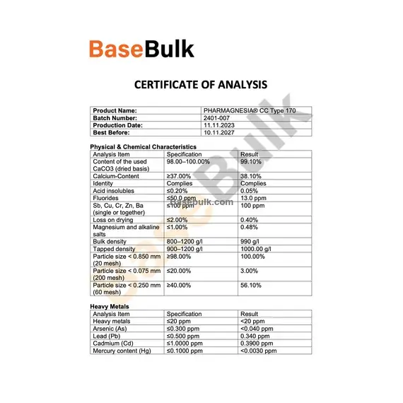 Calcium Carbonate DC (Type 170) specification and analysis sheet RM0000152