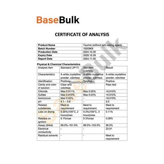 Taurine without anti-caking agent white crystalline powder specification sheet