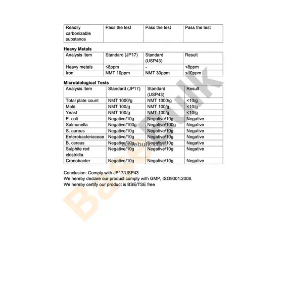 Taurine without anti-caking agent specification analysis table RM0000154