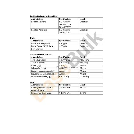 Garcinia Cambogia Extract 5:1 60% Hydroxycitric acid specification sheet