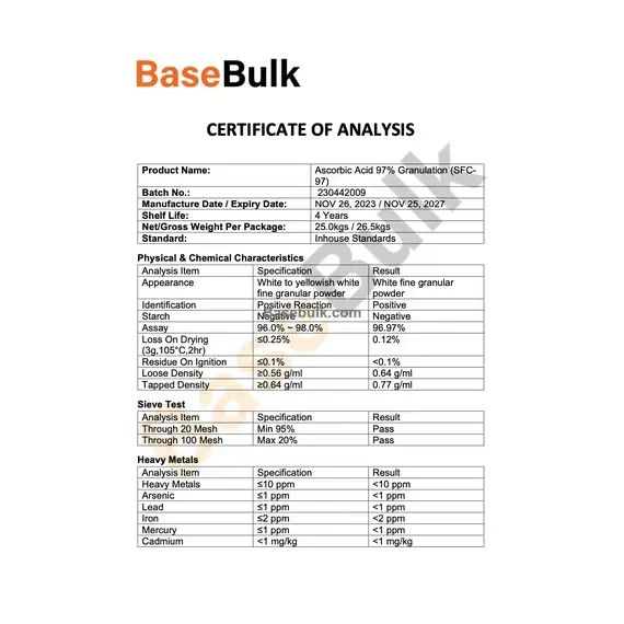 Analyse des spécifications de la granulation DC de la vitamine C (acide L-ascorbique)