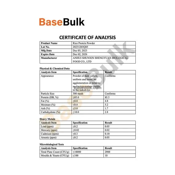 Rise Protein RM0000160 specification and analysis sheet