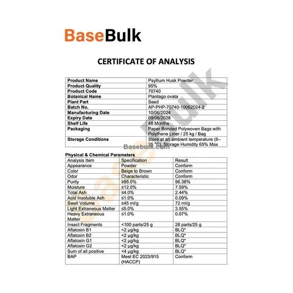Psyllium Husk Powder 95% specification analysis sheet RM0000162