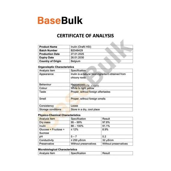 Inulin (Orafti HSI) organoleptic and specification sheet
