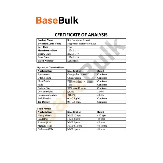 Sea Buckthorn Extract 10:1 orange fine powder specification sheet RM0000169