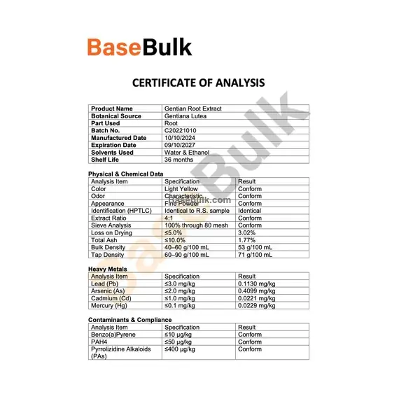 Gentiana Lutea Root Extract 4:1 specification sheet, RM0000170