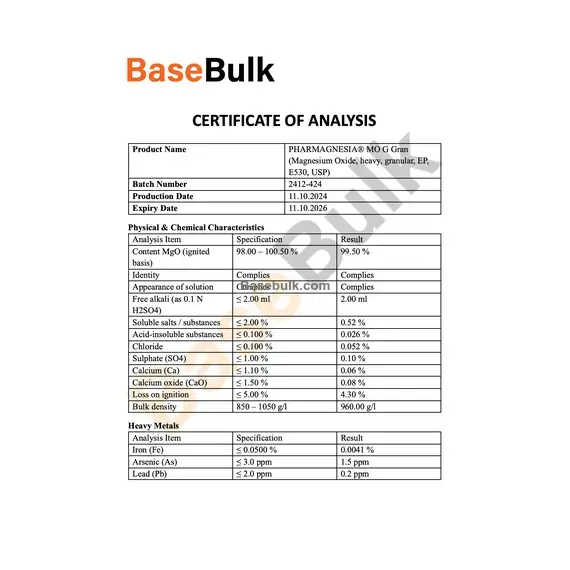 Magnesium Oxide DC G Gran quality control specification sheet RM0000171