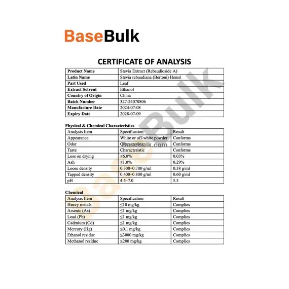 Stevia specification sheet with Rebaudioside A 98.3% analysis results