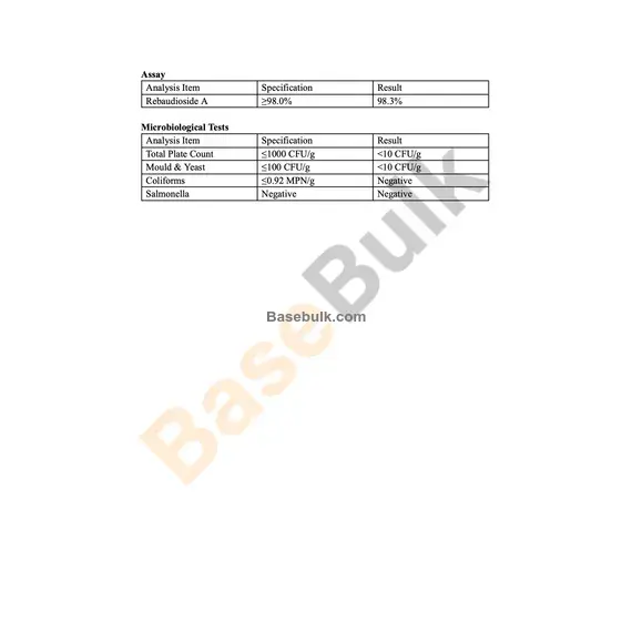 Stevia specification sheet with Rebaudioside A 98.3% analysis results