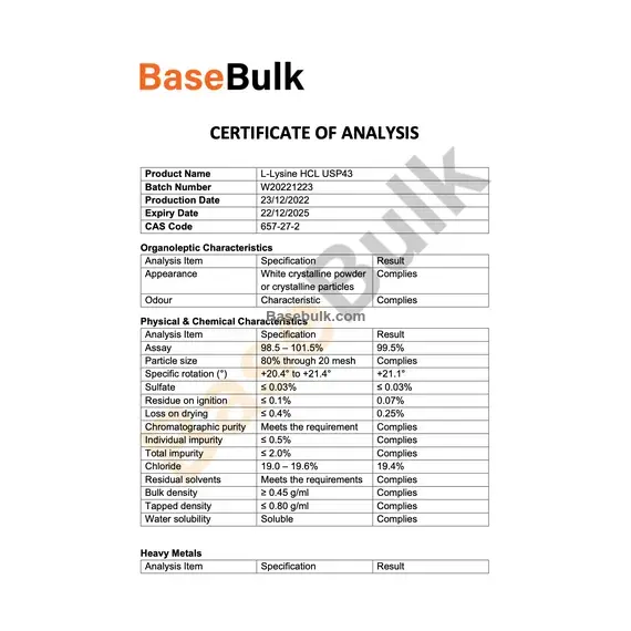 L-Lysine Hydrochloride specification sheet with assay and microbiological analysis