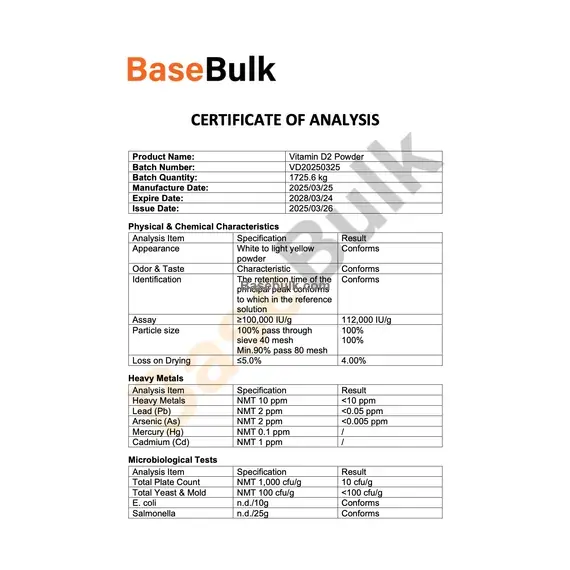 Vitamin D2 (Ergocalciferol) white to light yellow powder specification sheet