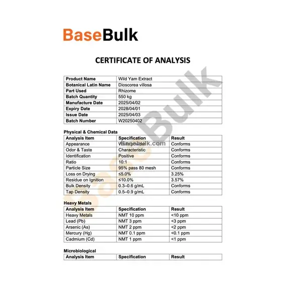 Wild Yam Extract 10:1 white powder specification sheet