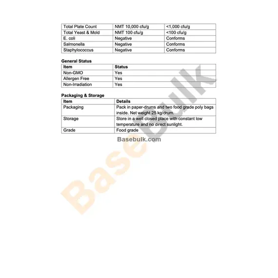 Wild Yam Extract 10:1 white powder specification sheet