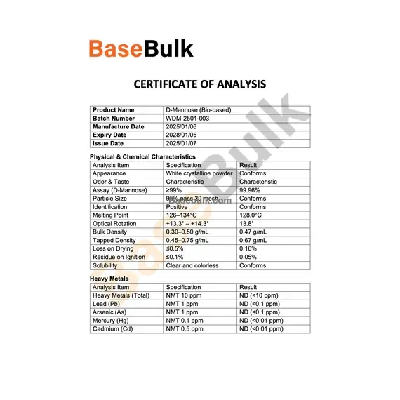D-Mannose specification sheet with physical, chemical, heavy metals and microbiological analysis