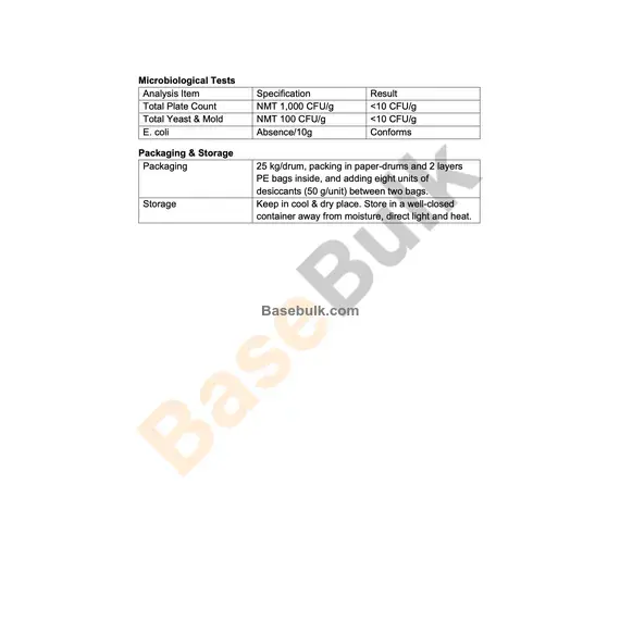 D-Mannose specification sheet with physical, chemical, heavy metals, and microbiological analysis