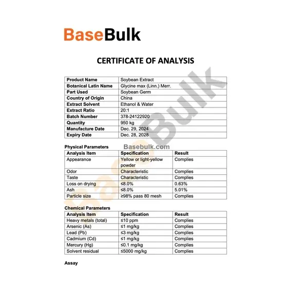 Soybean Extract 20:1 40% isoflavons specification sheet RM0000188