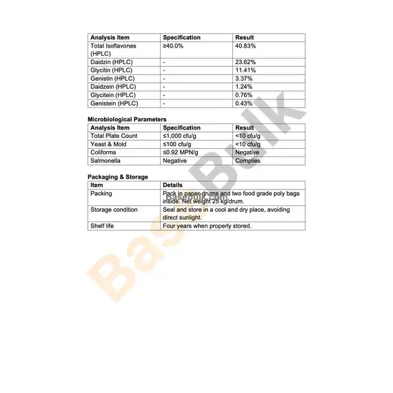 Soybean Extract 20:1 with 40% isoflavones specification details