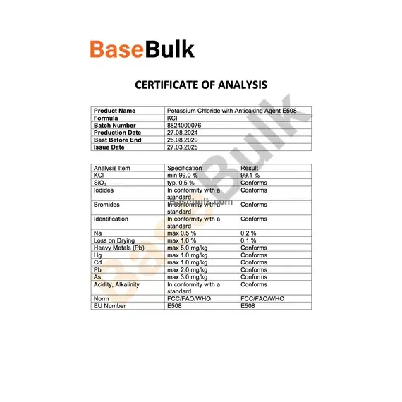 Potassium chloride with anticaking agent specification sheet, RM0000189